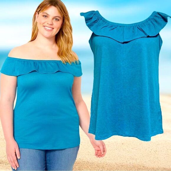 Lane bryant Aqua Blue Classic Off-The-Shoulder Ruffle Tank New with Tags - Picture 2 of 11